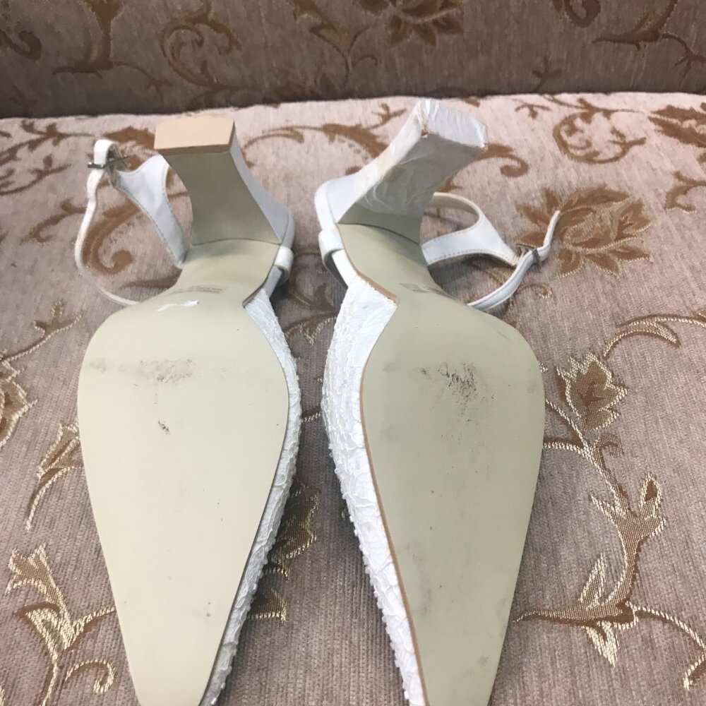 Dye-Able White Lace Satin Ankle-Strap, Formal Pump Dress Shoe Wedding Block Heel - Picture 15 of 16